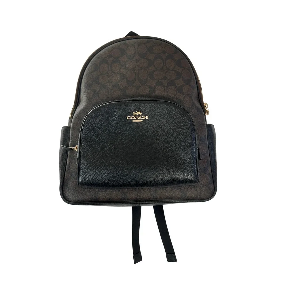Coach Court Backpack‎ Signature Canvas Black Brown Leather E2221-5695